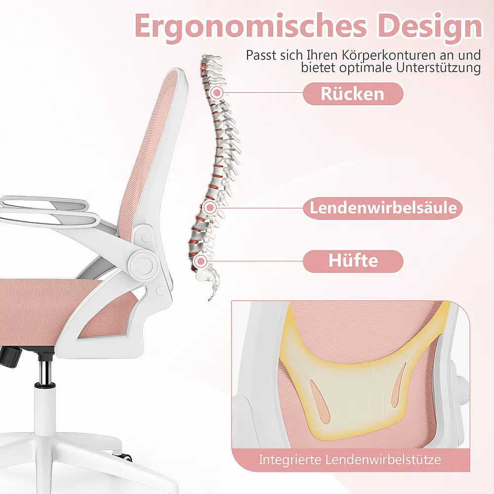 Costway Εργονομική Καρέκλα Γραφείου με Αναδιπλούμενα Μπράτσα και Λειτουργία Κλίσης Ροζ CB10935PI