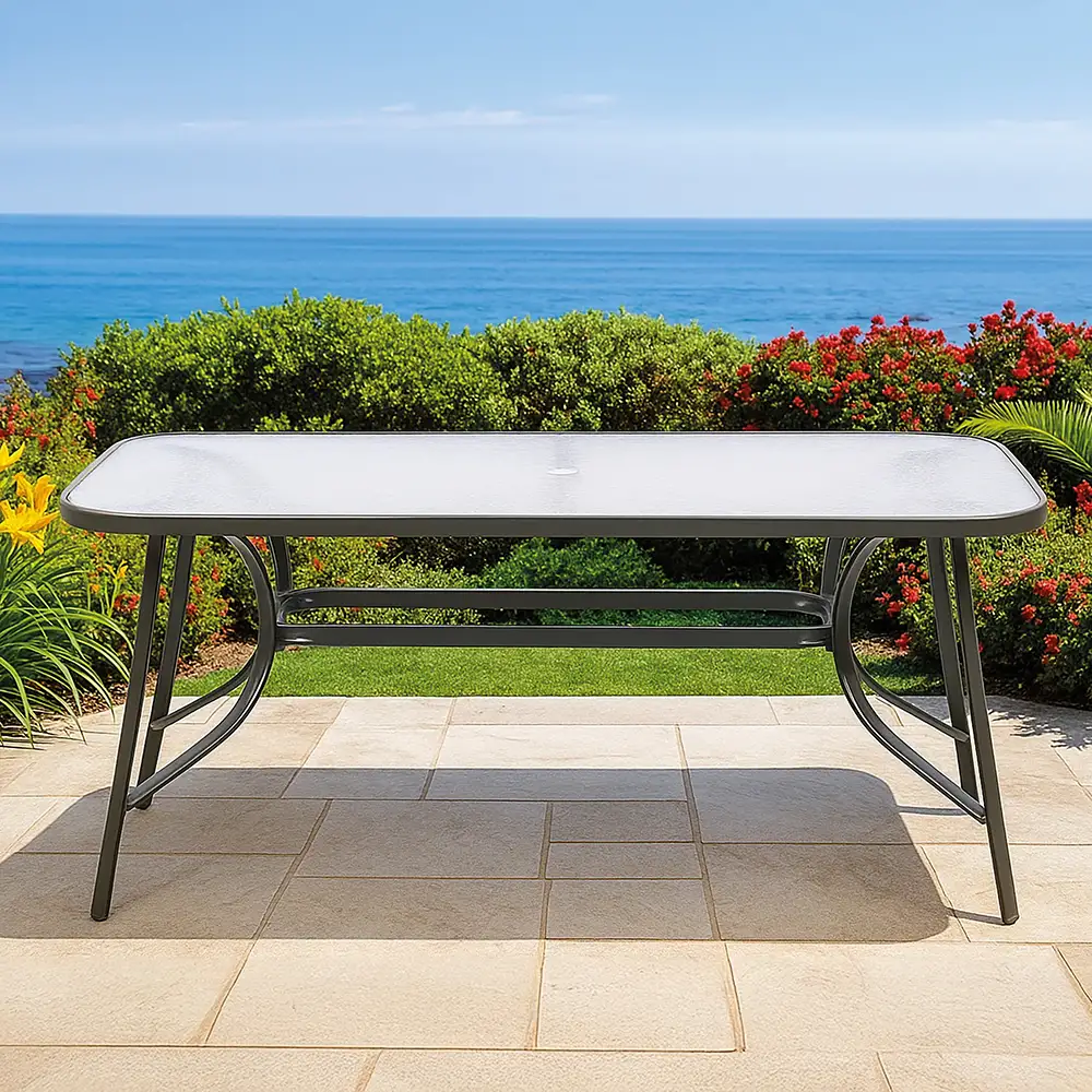 Galileo Εξωτερικό τραπέζι 150x90 εκ από ανθρακούχο χάλυβα με επιφάνεια από σκληρυμένο γυαλί σφυρήλατου εφέ σε ανθρακί Est 2188441