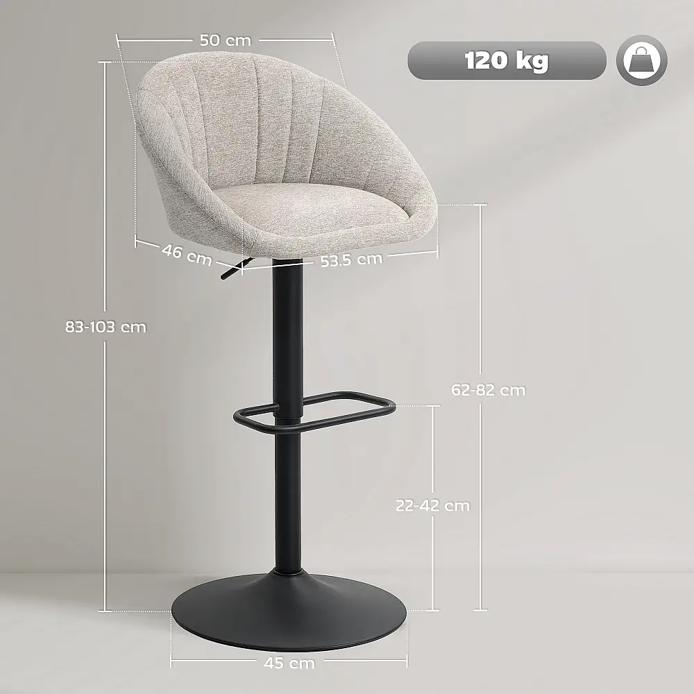 HOMCOM Σετ 2 Σκαμπό Μπαρ με Ρυθμιζόμενο Ύψος, Περιστρεφόμενο Κάθισμα από Ύφασμα και Υποπόδιο, Μπεζ 83A-345V00BG