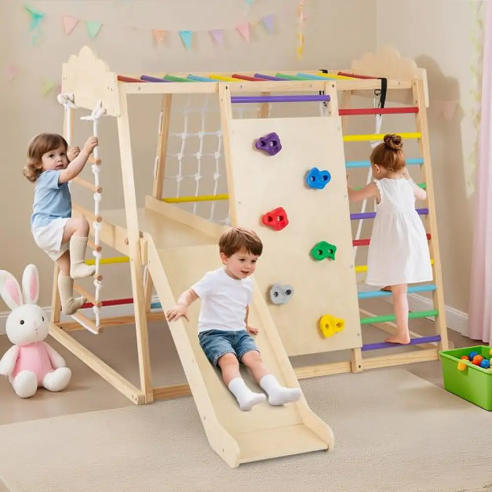 Costway Πολύχρωμο Σετ Γυμναστικής Τζούνγκλας 8-σε-1 με Ξύλινα Παιχνίδια Αναρρίχησης Μοντεσσόρι TS10274CL