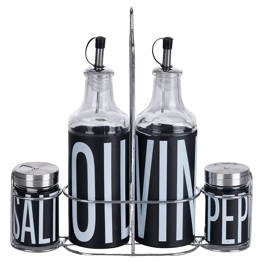 Villa D'Este Σετ καρυκευμάτων λάδι, ξύδι, αλάτι και πιπέρι από γυαλί και ανοξείδωτο ατσάλι με βάση από μαύρο σίδερο Bigismore 5920965