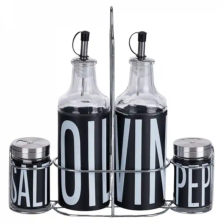 Villa D'Este Σετ καρυκευμάτων λάδι, ξύδι, αλάτι και πιπέρι από γυαλί και ανοξείδωτο ατσάλι με βάση από μαύρο σίδερο Bigismore 5920965