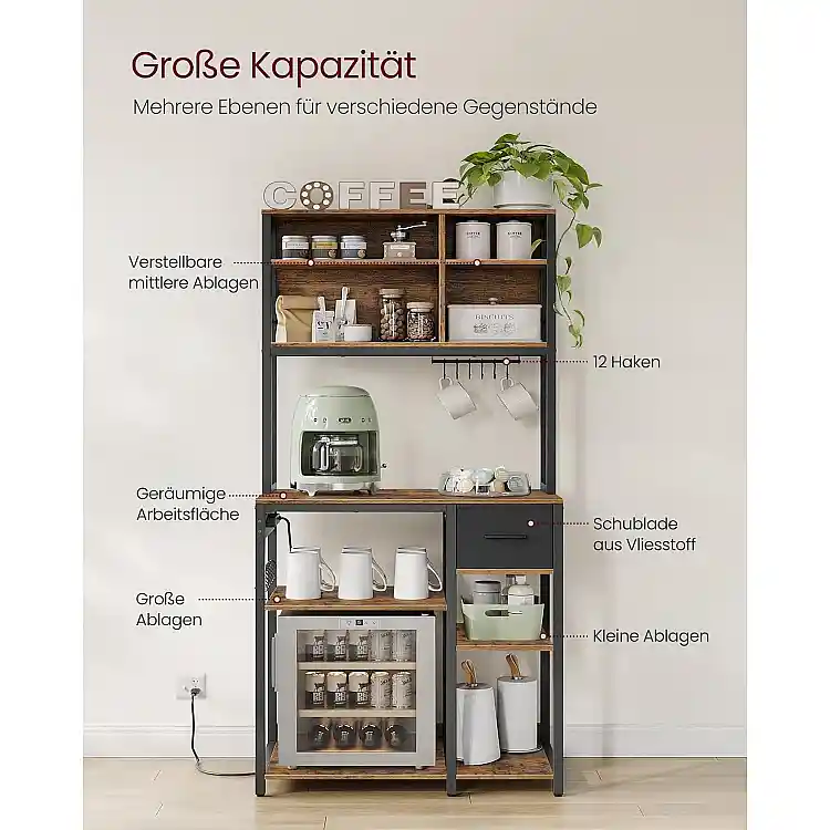 VASAGLE Ραφιέρα Κουζίνας με Πρίζες, Ρυθμιζόμενα Ράφια, Υφασμάτινο Συρτάρι και 12 Άγκιστρα 40 x 80 x 180.4 εκ., Vintage Καφέ και Μαύρο KKS015K03