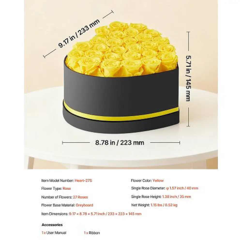 VEVOR Αιώνια Λουλούδια: 27 Κίτρινα Τριαντάφυλλα σε Καρδιά-Κουτί, Δώρο για Γυναίκες και Επετείους YSHLHK27DHSXOQ6ME001V0