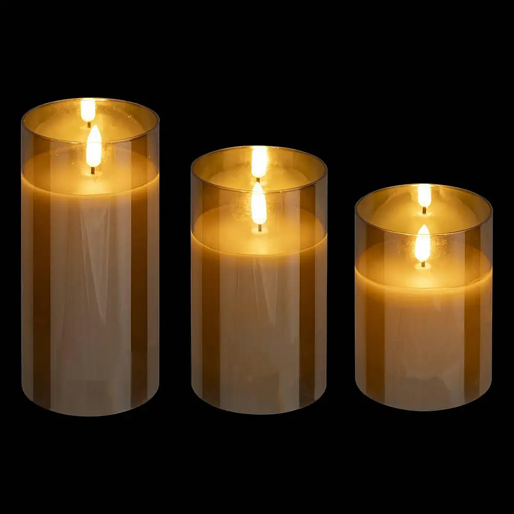 Atmosphera Σετ 3 Διακοσμητικών LED Κεριών με Χρονοδιακόπτη και Γυάλινα Βαζάκια Ώχρας 204748A