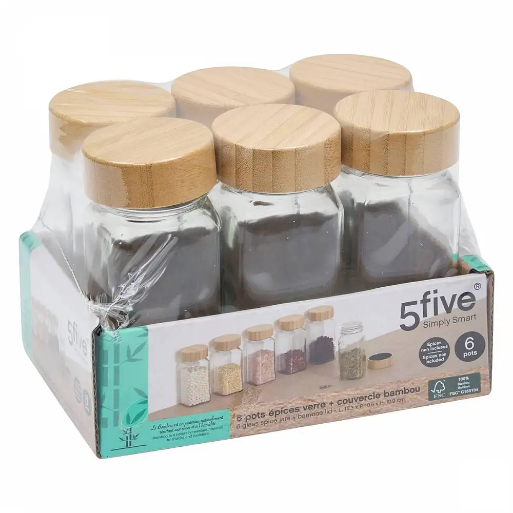 5FIVE Simply smart Σετ Γυάλινα Βάζα για Μπαχαρικά 6 x 120 ml με Μπαμπού Καπάκια 209279