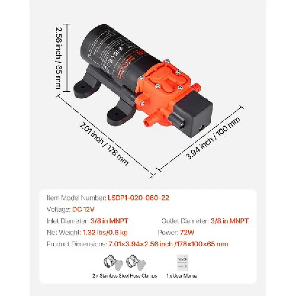 VEVOR Αντλία Νερού 12V DC 1.2 GPM, Αυτοαναρρόφησης, 80 PSI, Αθόρυβη Λειτουργία για Ρεβ, Καραβάνι, Ναυτιλία, Κηπουρική DDGMSBMNX12V9N79Y001V9
