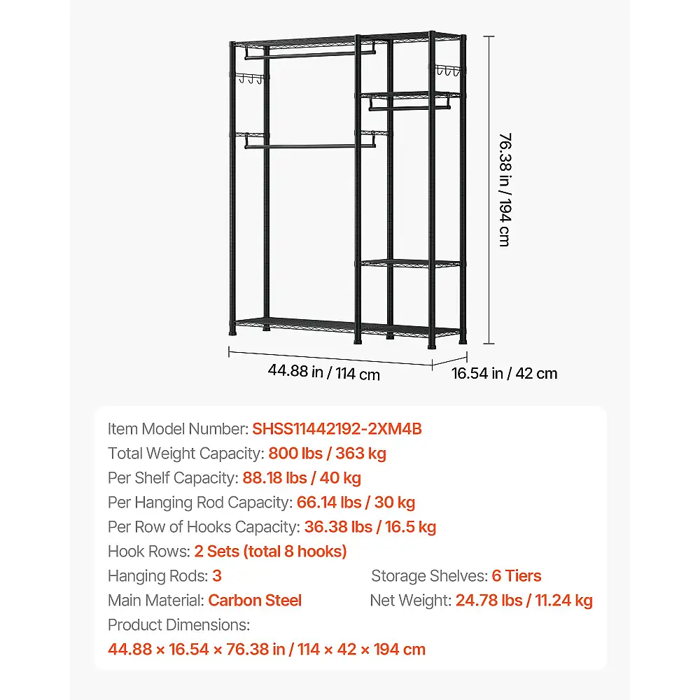 VEVOR Ράφι Ενδυμάτων 6 Επιπέδων με Ρυθμιζόμενα Ράφια & Χωρητικότητα 363 kg, 114 x 42 x 194 cm LLJTCYJ3G6C4LL04A001V0