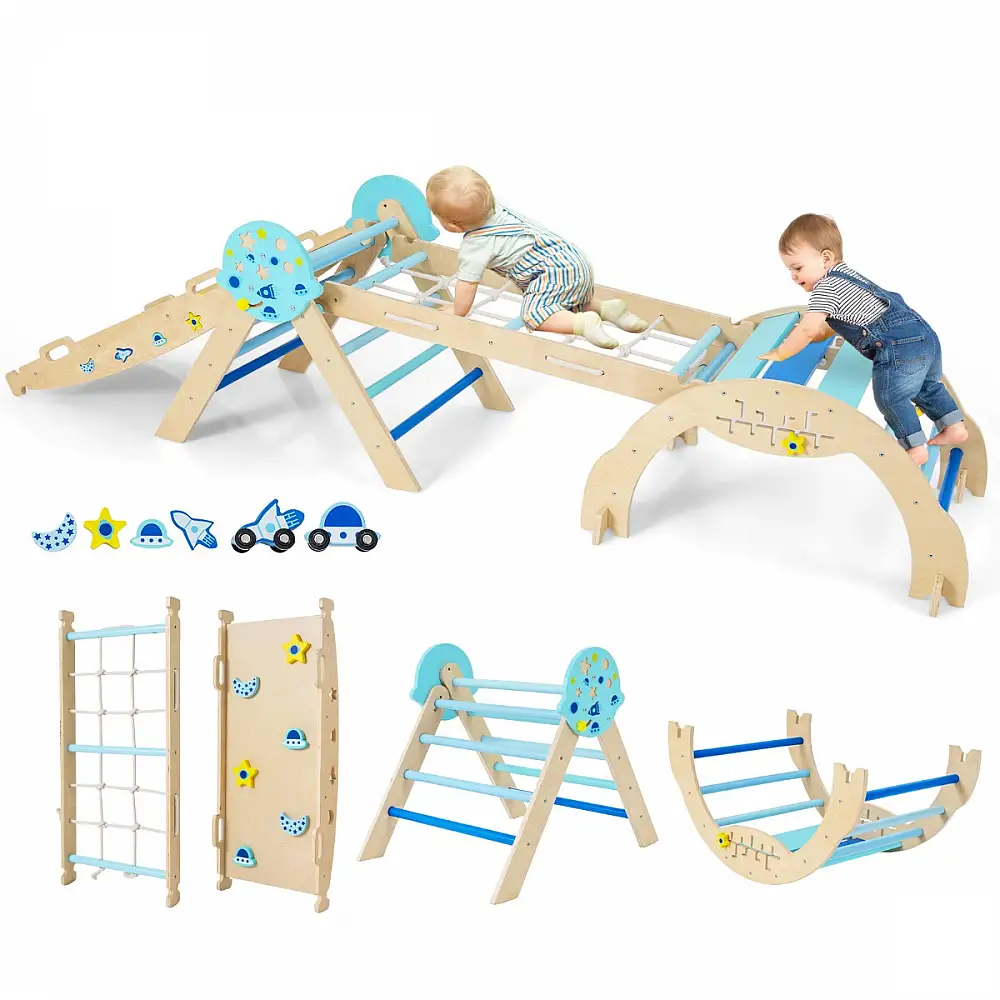 Costway Σύστημα Αναρρίχησης 9 σε 1 Montessori με Τόξο, Σχοινί & Σκάλα από Ξύλο σε Μπλε Χρώμα TS10321BL