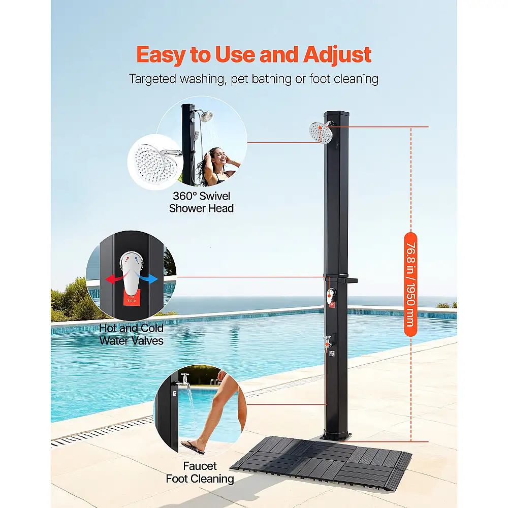 VEVOR Ηλιακό Ντους 35L, Ύψος Νεροχύτη 195cm, Με Δάπεδο & Βρυσάκι, Ρύθμιση Ζεστού/Κρύου Νερού, Αυτοστηριζόμενο, Μαύρο TYNLYQHSPVCLQMMVR001V0