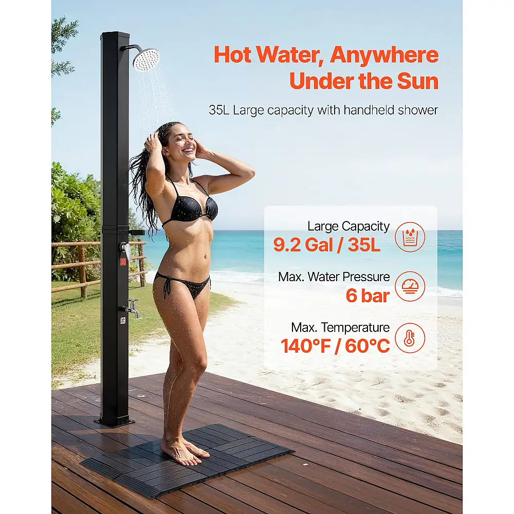 VEVOR Ηλιακό Ντους 35L, Ύψος Νεροχύτη 195cm, Με Δάπεδο & Βρυσάκι, Ρύθμιση Ζεστού/Κρύου Νερού, Αυτοστηριζόμενο, Μαύρο TYNLYQHSPVCLQMMVR001V0