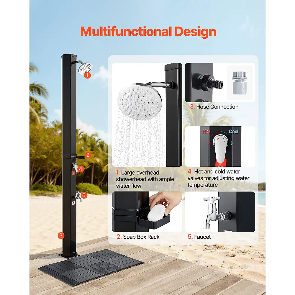 VEVOR Ηλιακό Ντους 35L, Ύψος Νεροχύτη 195cm, Με Δάπεδο & Βρυσάκι, Ρύθμιση Ζεστού/Κρύου Νερού, Αυτοστηριζόμενο, Μαύρο TYNLYQHSPVCLQMMVR001V0