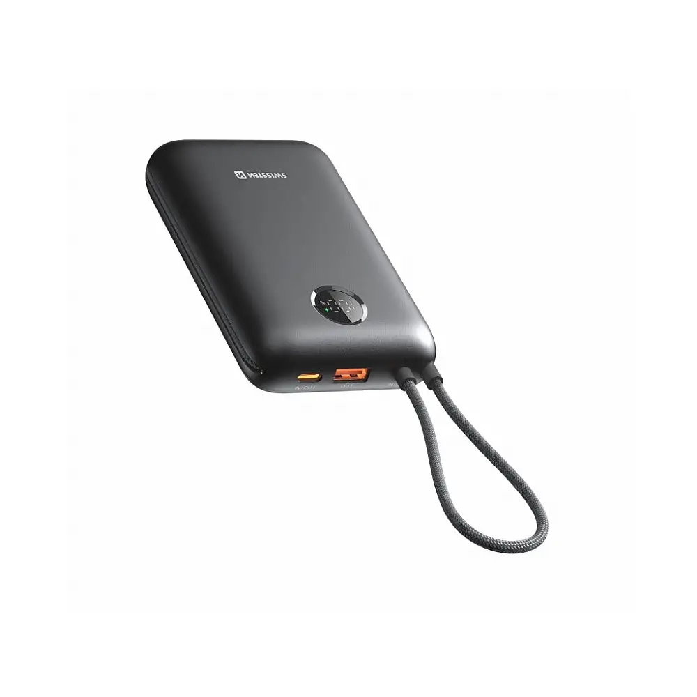 SWISSTEN Φορητός Φορτιστής Voltbox 35 W 20,000 mAh με Ενσωματωμένα Καλώδια USB-C και Lightning, Μαύρος 8595217490567