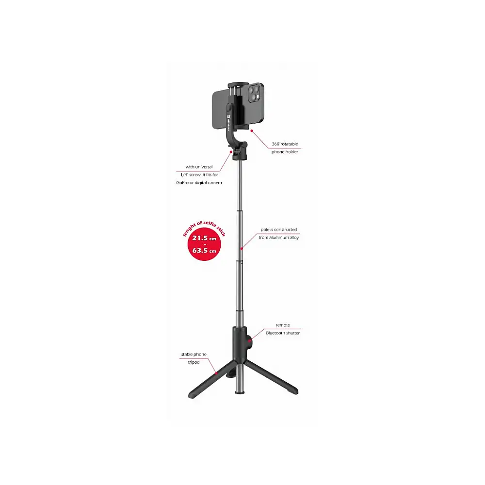 SWISSTEN Tηλεσκοπικό Τρίποδο Selfie Stick PRO Bluetooth 8595217478879