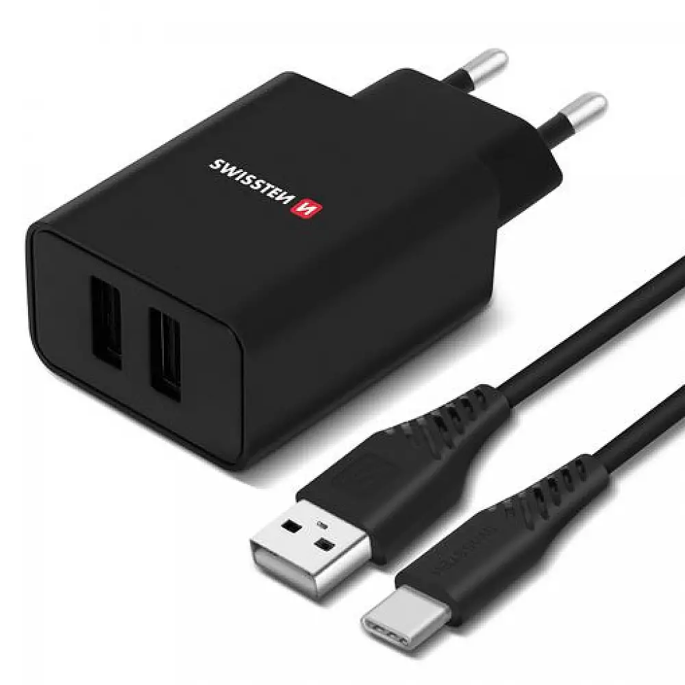 SWISSTEN Φορτιστής Ταξιδίου με Έξυπνο IC και 2x USB 2,1A Power + Καλώδιο Δεδομένων USB / Type C 1,2m Μαύρο 8595217464414