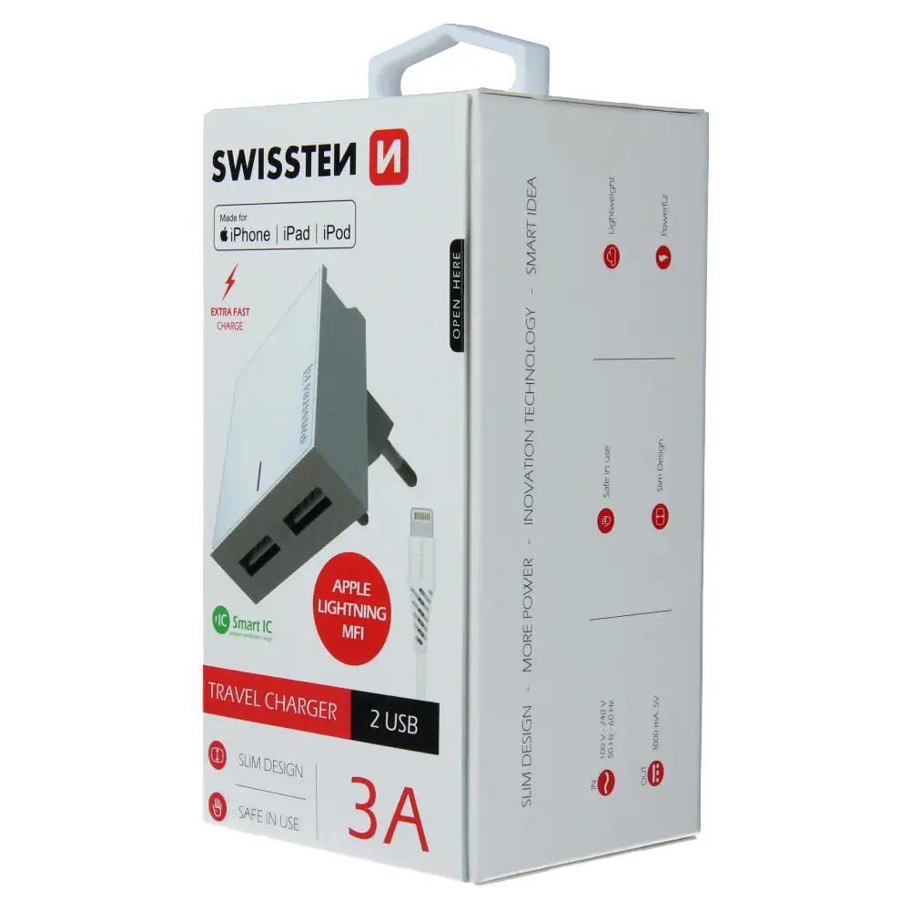 SWISSTEN Φορτιστής Ταξιδιού με Έξυπνο IC και 2x USB 3A + Καλώδιο Δεδομένων USB / Lightning MFi 1,2m Λευκό 8595217463295