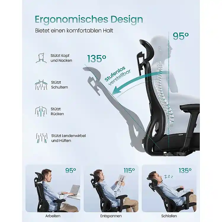 SONGMICS Εργονομική Καρέκλα Γραφείου 70 x 70 x (113-130) cm με Ρυθμιζόμενο Υποστήριγμα Κεφαλής και Οσφυϊκής Χώρας, Στήριξη έως 150 kg, Ρύθμιση Ύψους, Μαύρο Ink OBN066BH01
