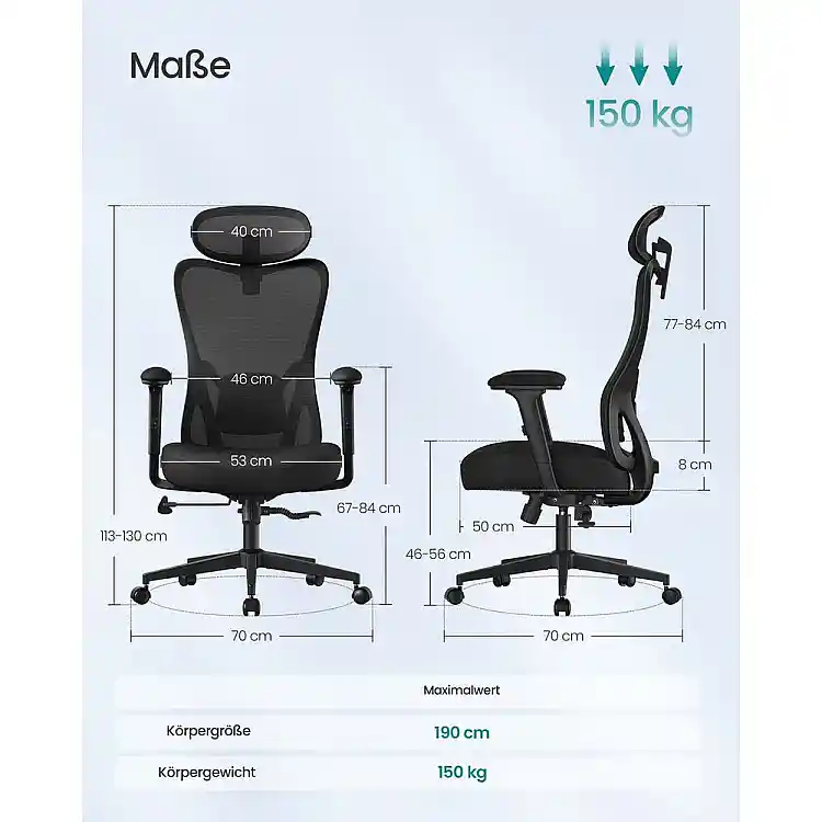 SONGMICS Εργονομική Καρέκλα Γραφείου 70 x 70 x (113-130) cm με Ρυθμιζόμενο Υποστήριγμα Κεφαλής και Οσφυϊκής Χώρας, Στήριξη έως 150 kg, Ρύθμιση Ύψους, Μαύρο Ink OBN066BH01