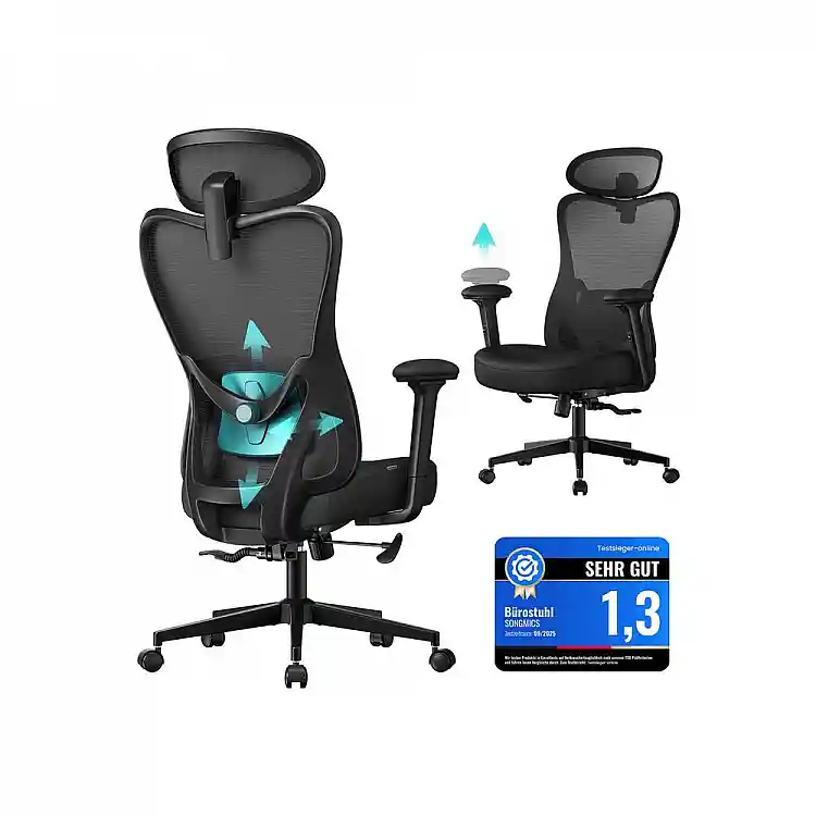 SONGMICS Εργονομική Καρέκλα Γραφείου 70 x 70 x (113-130) cm με Ρυθμιζόμενο Υποστήριγμα Κεφαλής και Οσφυϊκής Χώρας, Στήριξη έως 150 kg, Ρύθμιση Ύψους, Μαύρο Ink OBN066BH01