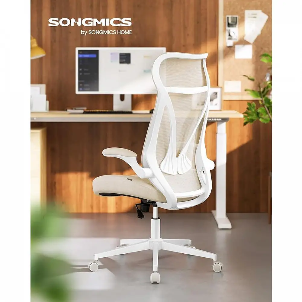 SONGMICS Εργονομική Καρέκλα Γραφείου με Ρυθμιζόμενο Ύψος και Αναδιπλούμενα Μπράτσα - Μέγιστο Φορτίο 150 kg - Κεφαλάρι - Χρώμα Καπουτσίνο Μπεζ OBN088LH02