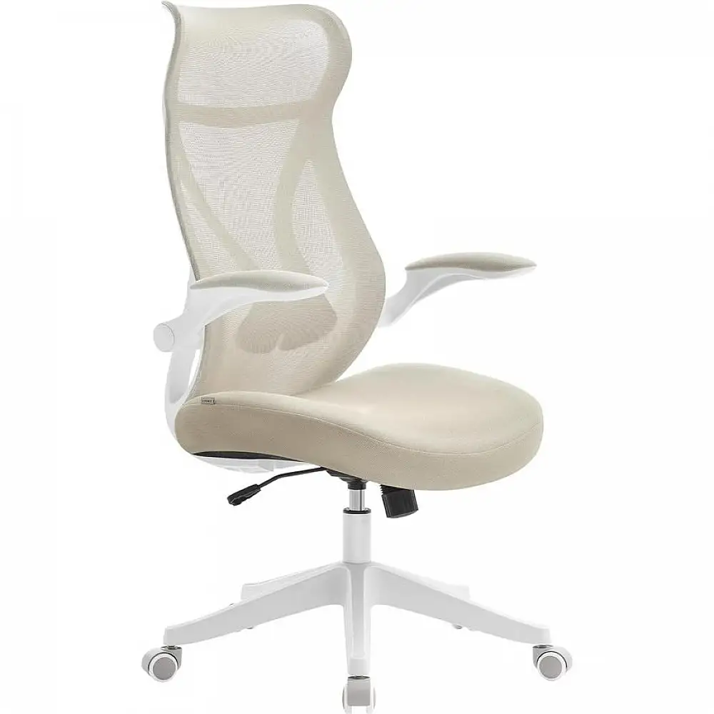 SONGMICS Εργονομική Καρέκλα Γραφείου με Ρυθμιζόμενο Ύψος και Αναδιπλούμενα Μπράτσα - Μέγιστο Φορτίο 150 kg - Κεφαλάρι - Χρώμα Καπουτσίνο Μπεζ OBN088LH02