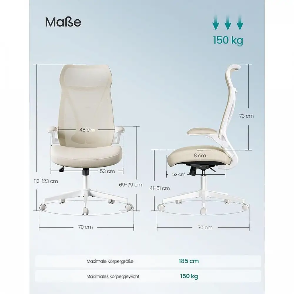 SONGMICS Εργονομική Καρέκλα Γραφείου με Ρυθμιζόμενο Ύψος και Αναδιπλούμενα Μπράτσα - Μέγιστο Φορτίο 150 kg - Κεφαλάρι - Χρώμα Καπουτσίνο Μπεζ OBN088LH02