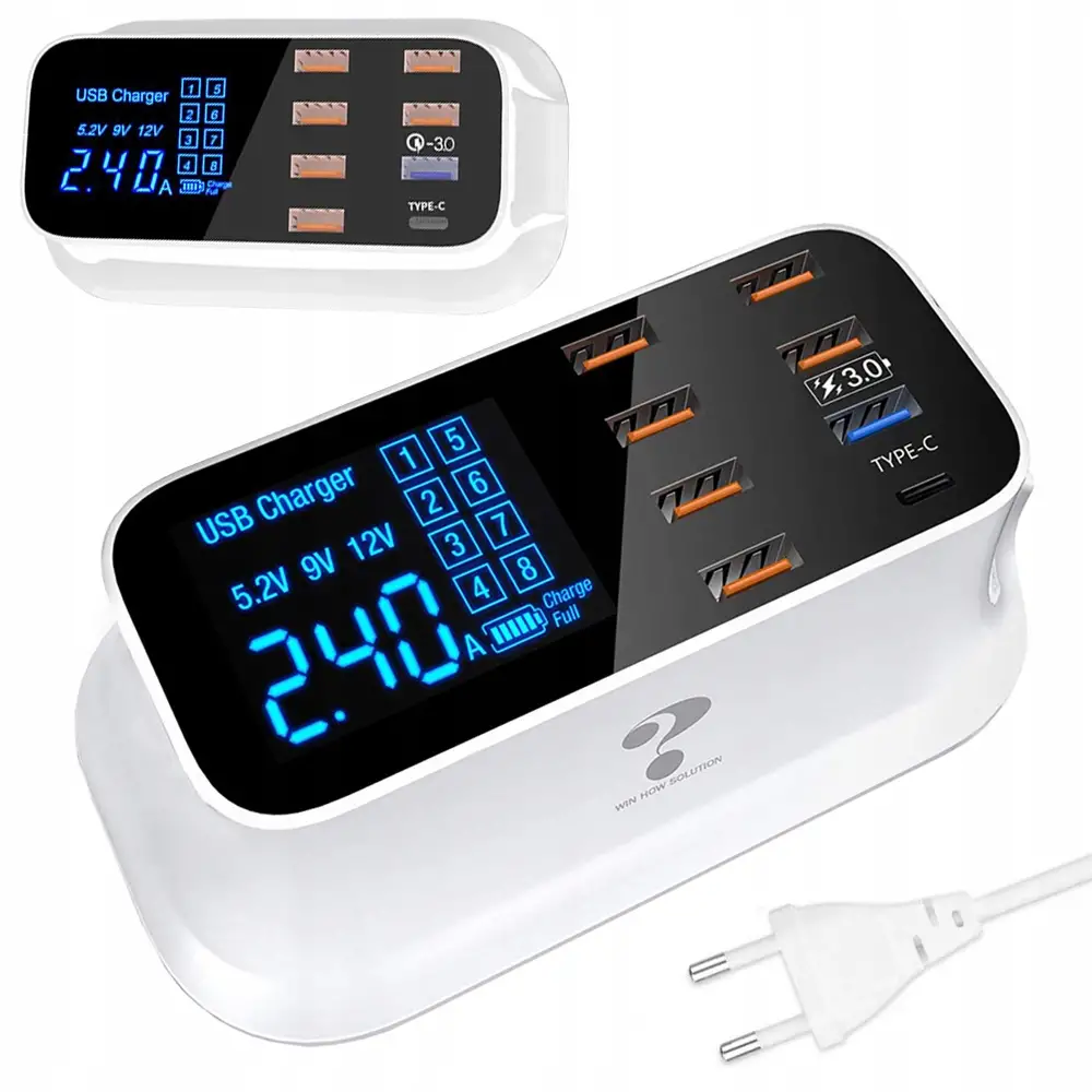 Verk Group Επιτραπέζιος Φορτιστής 8 Θυρών USB QC 3.0 & Type C με Οθόνη LED 40W για Γρήγορη Φόρτιση Συσκευών 5907451330135