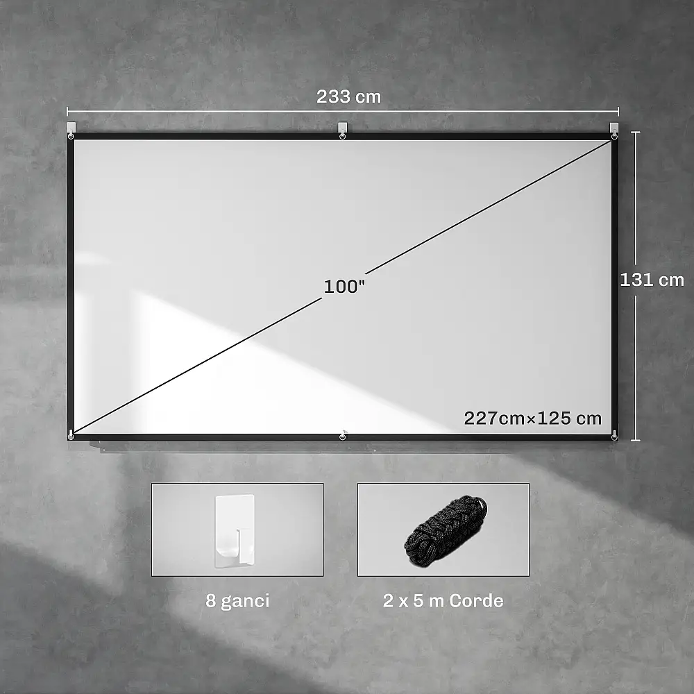 HOMCOM Οθόνη Προβολέα 100" 16:9 HD 4K/8K, Πτυσσόμενη και Φορητή, Αντιρυτιδική και Πλενόμενη, Διπλής Όψης, Λευκή 001-025V00WT