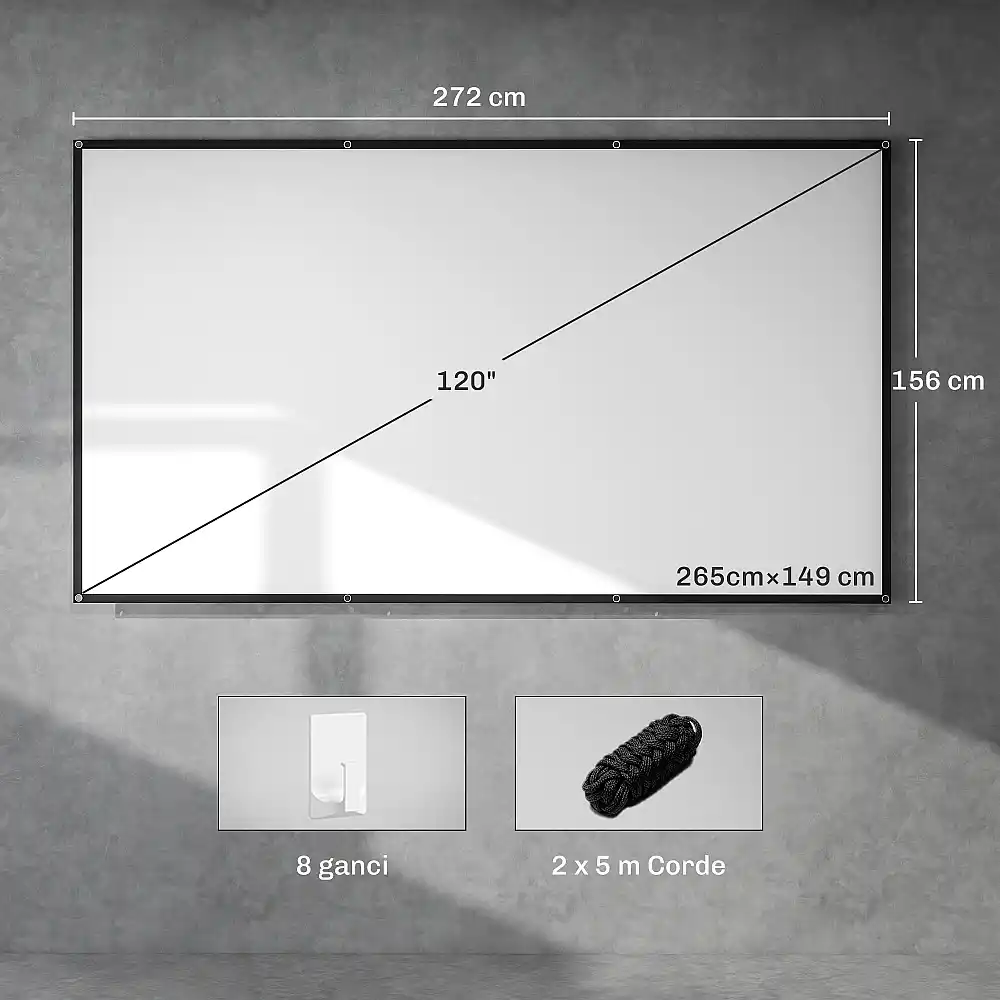 HOMCOM 120" Οθόνη Προβολής 16:9 HD 4K/8K, Πτυσσόμενη και Φορητή, Αντιρυτιδική και Πλενόμενη, Διπλής Όψης, Λευκή 001-025V01WT