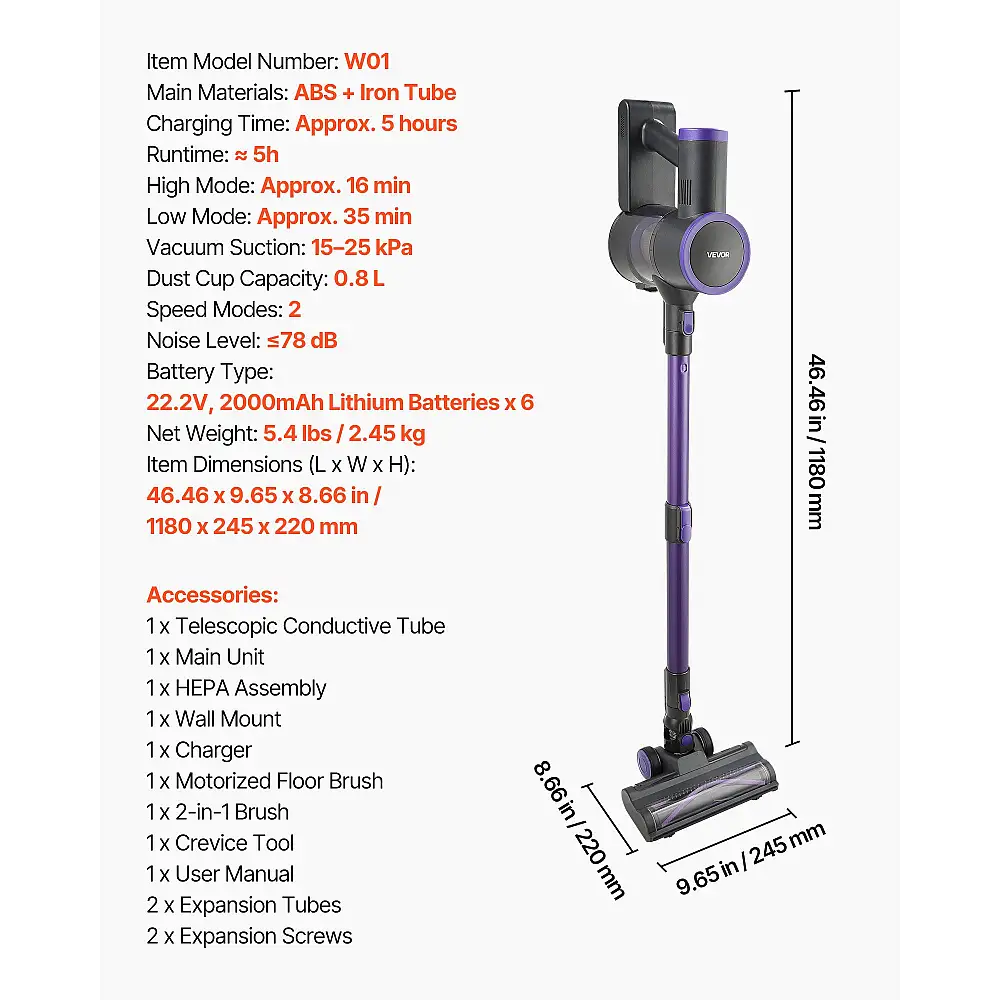 VEVOR Ισχυρή Ασύρματη Σκούπα 25KPa, 35λεπτη Διάρκεια, Ιδανική για Κατοικίδια & Όλα τα Δάπεδα GSXCQWXK150WJLWRQ001V2