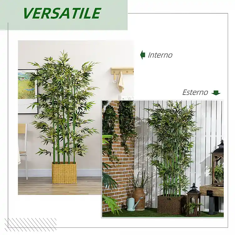 HOMCOM Υψηλή Τεχνητή Φυλή Μπαμπού 180 cm με 1640 Φύλλα και Βάση από Πεύκο 35x10x10 cm, Πράσινο 830-686V00GN