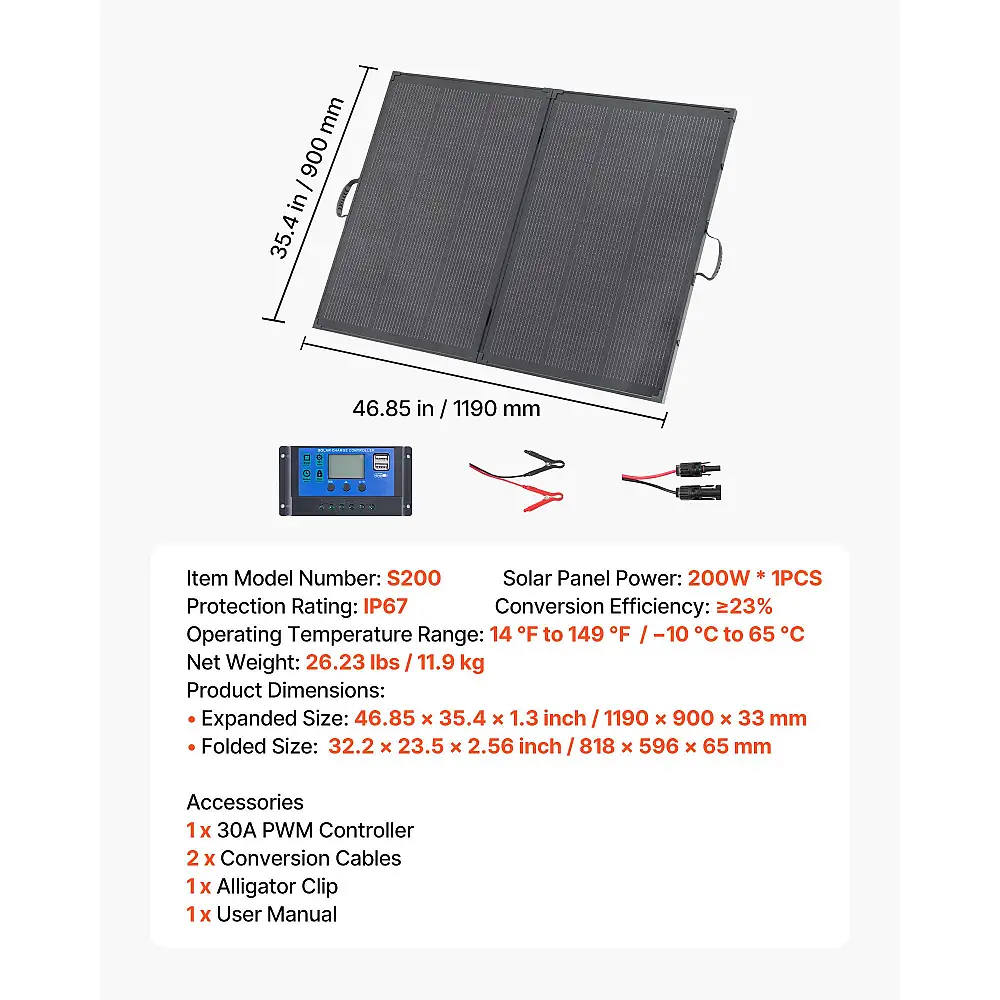 VEVOR Πτυσσόμενο Ηλιακό Πάνελ 200W με Σκελετό, Υψηλής Απόδοσης Μονοκρυσταλλικό Φορητό Φορτιστής με 30A PWM Ελεγκτή & MC4, IP67 Αδιάβροχο για Κατασκηνώσεις, Πεζοπορίες, RV Ταξίδια ZDDKTYNB12005TKXJ001V2
