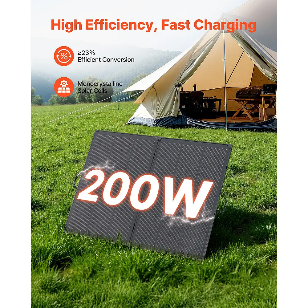 VEVOR Πτυσσόμενο Ηλιακό Πάνελ 200W με Σκελετό, Υψηλής Απόδοσης Μονοκρυσταλλικό Φορητό Φορτιστής με 30A PWM Ελεγκτή & MC4, IP67 Αδιάβροχο για Κατασκηνώσεις, Πεζοπορίες, RV Ταξίδια ZDDKTYNB12005TKXJ001V2