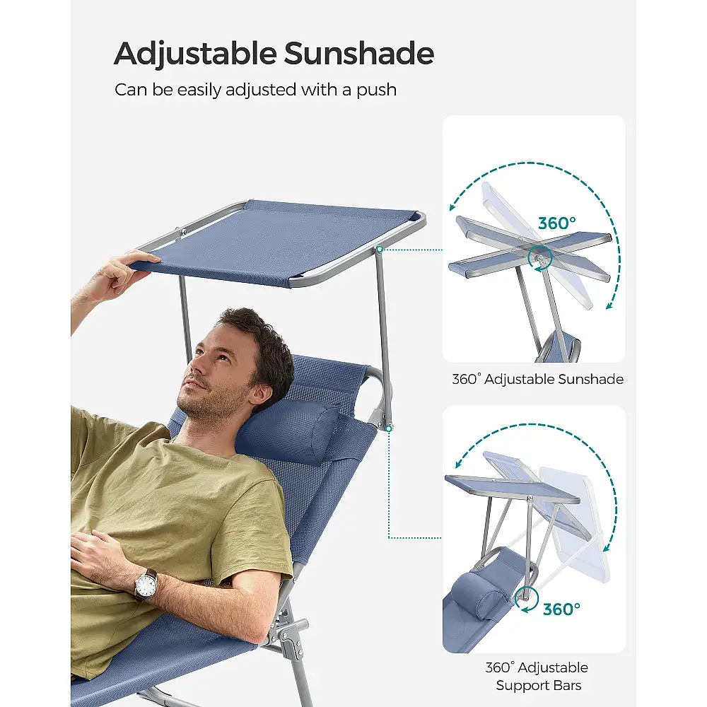 SONGMICS Πτυσσόμενη Ξαπλώστρα με Σκίαστρο και Ρυθμιζόμενο Προσκέφαλο, Μπλε, Μέγ. Φορτ. 150 kg, 193x53x29cm GCB192Q01