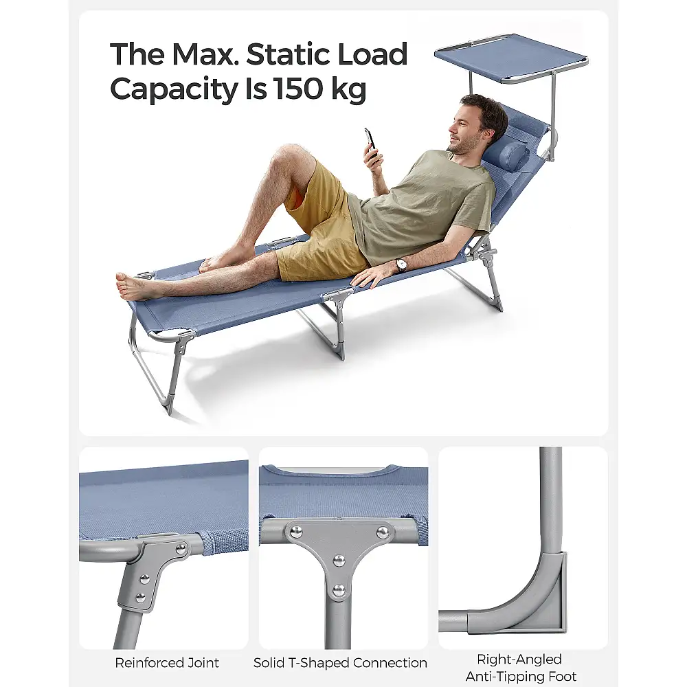 SONGMICS Πτυσσόμενη Ξαπλώστρα με Σκίαστρο και Ρυθμιζόμενο Προσκέφαλο, Μπλε, Μέγ. Φορτ. 150 kg, 193x53x29cm GCB192Q01