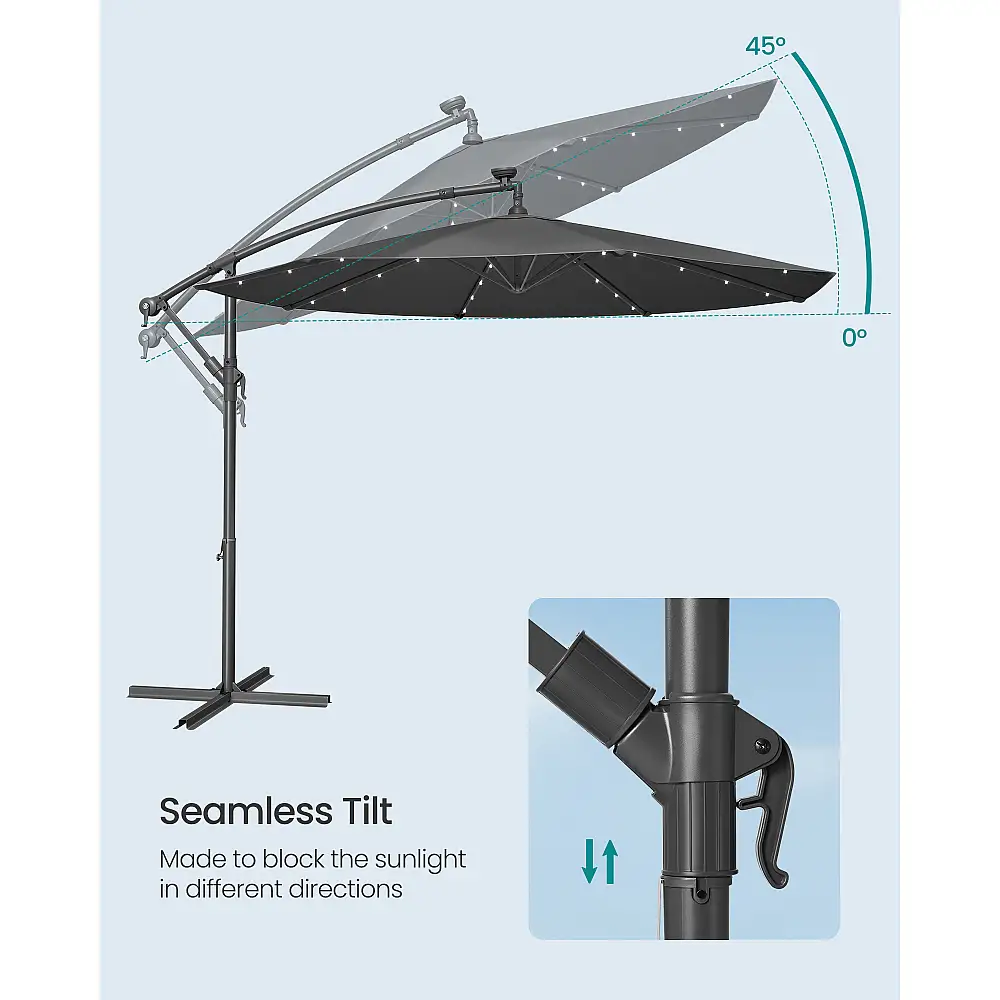 SONGMICS Ομπρέλα Κήπου Cantilever 3μ με LED Φωτισμό και Βάση, Γκρι, φ300×245cm GPU118G01V1