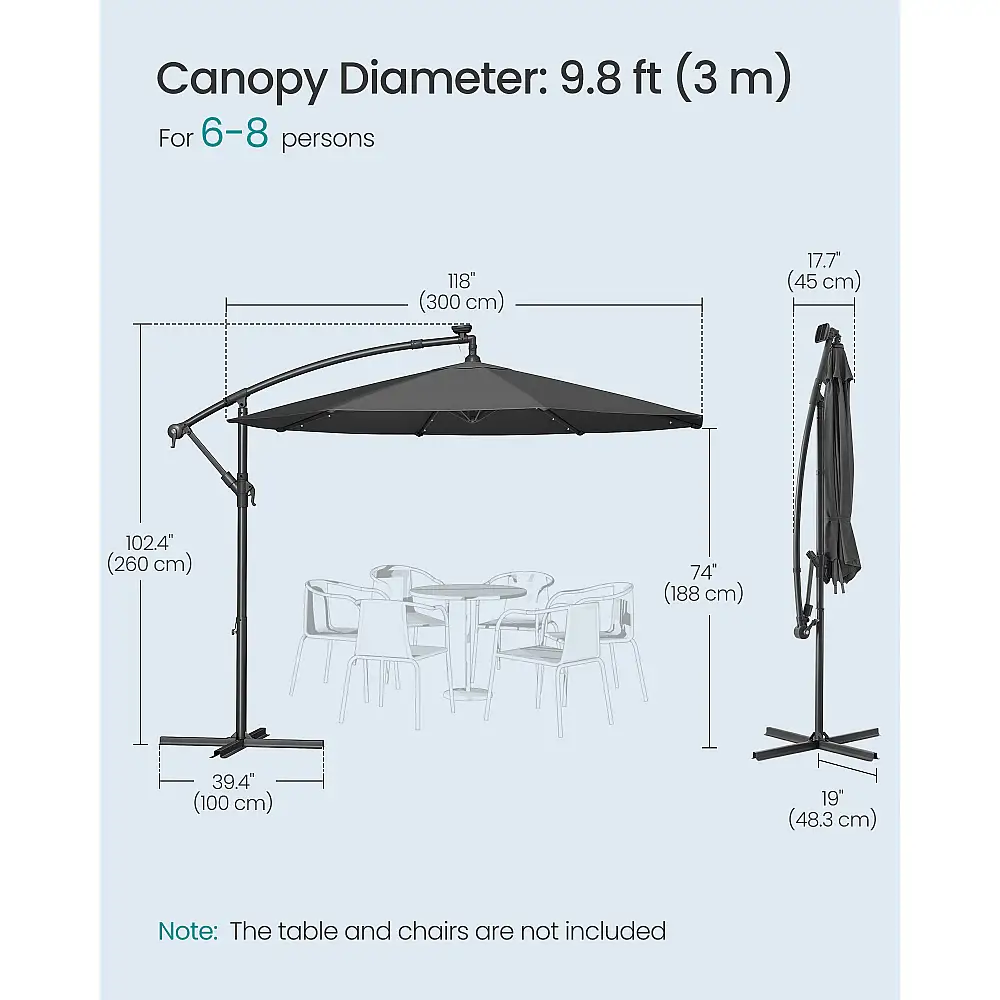 SONGMICS Ομπρέλα Κήπου Cantilever 3μ με LED Φωτισμό και Βάση, Γκρι, φ300×245cm GPU118G01V1
