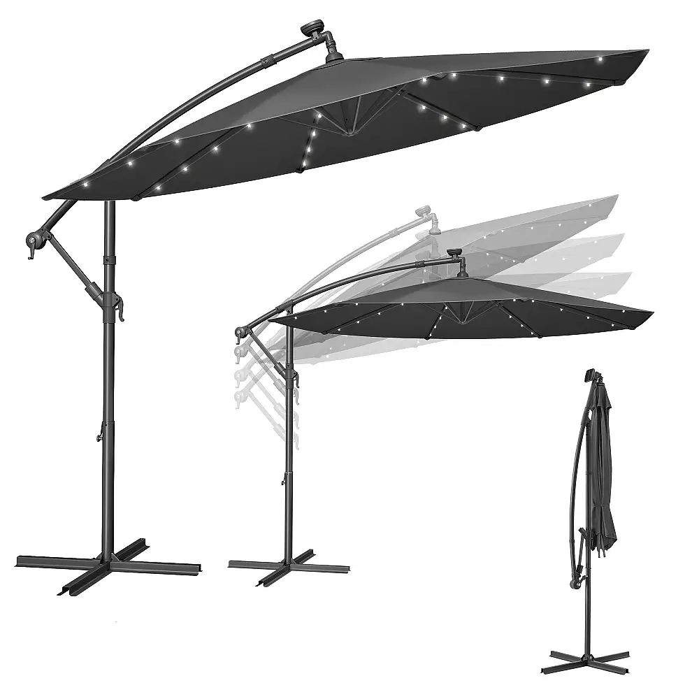SONGMICS Ομπρέλα Κήπου Cantilever 3μ με LED Φωτισμό και Βάση, Γκρι, φ300×245cm GPU118G01V1