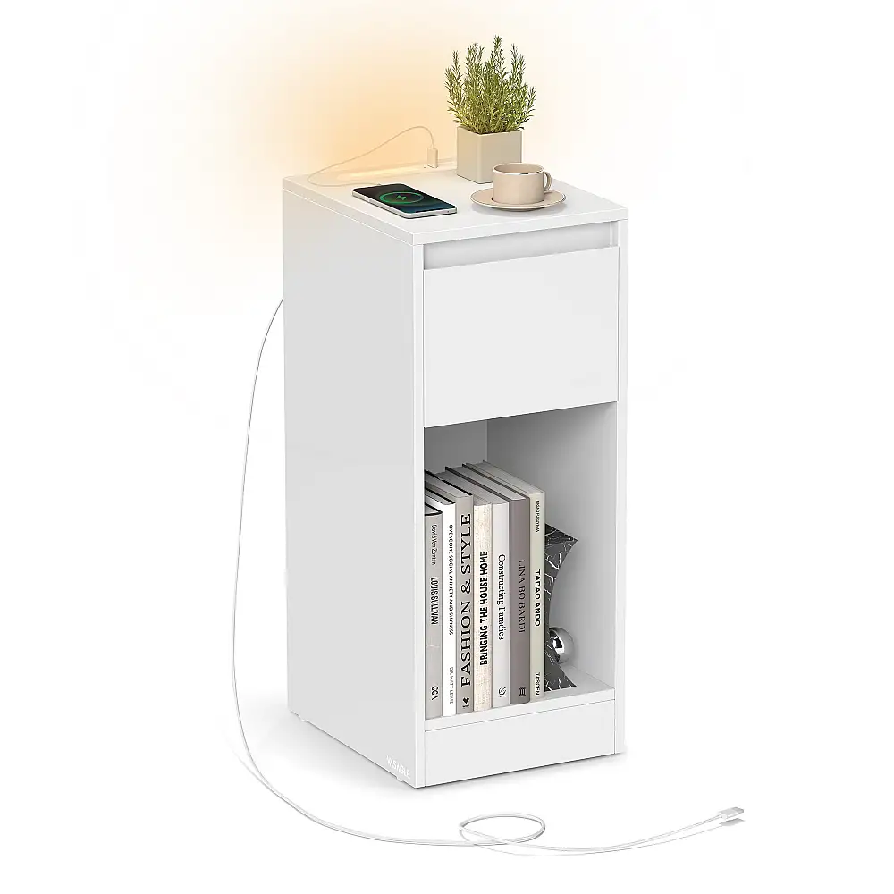 VASAGLE Κομοδίνο με Πρίζες & LED, Εξοικονόμηση Χώρου, Λευκό, 25x30x59.5cm LET610W01