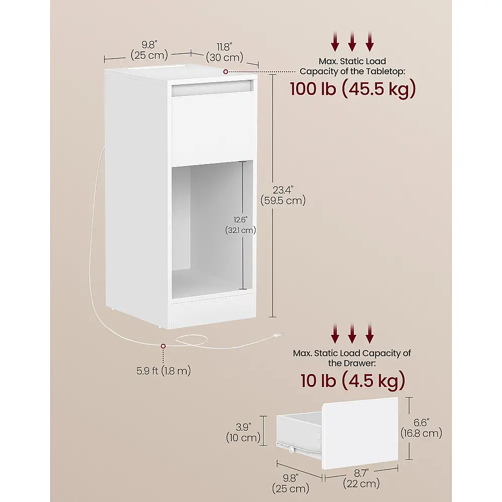 VASAGLE Κομοδίνο με Πρίζες & LED, Εξοικονόμηση Χώρου, Λευκό, 25x30x59.5cm LET610W01