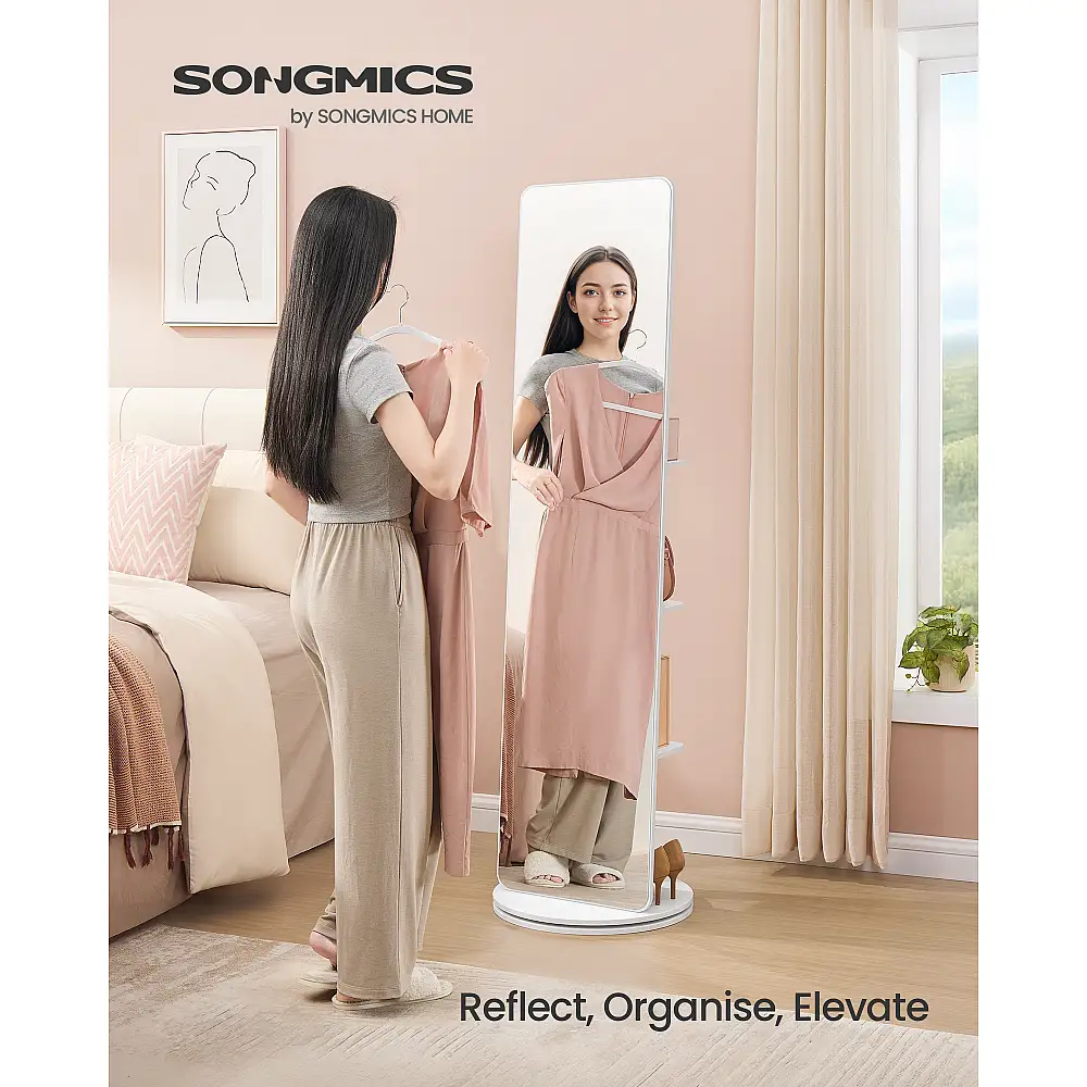 SONGMICS Περιστρεφόμενος Καθρέφτης Σώματος 360° Με Βάση, Ράφια & Γάντζους, Λευκό Cloud, 45x45x163cm LFM036W01