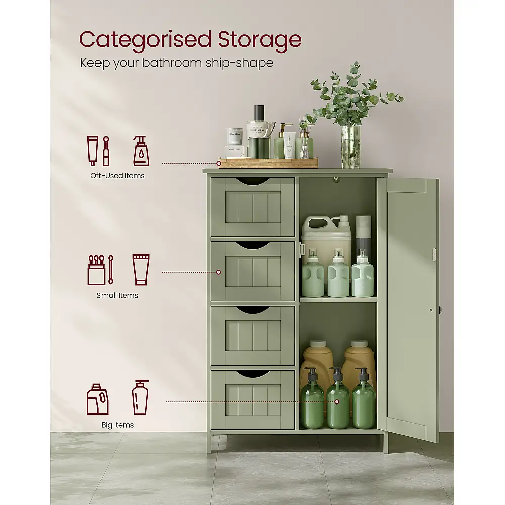 VASAGLE Πράσινο Ερμάριο Μπάνιου με 4 Συρτάρια & Ρυθμιζόμενο Ράφι-, 55x30x82cm LHC041C02