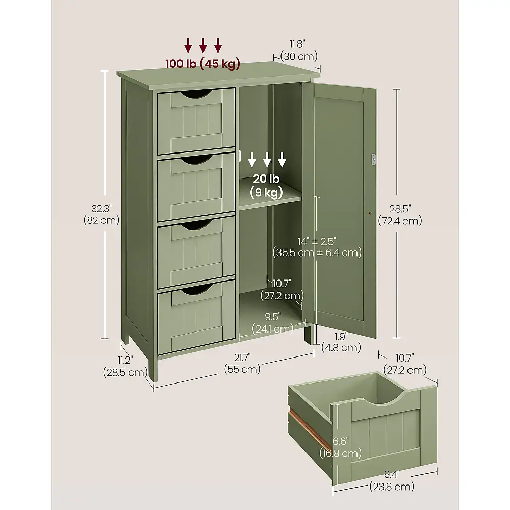 VASAGLE Πράσινο Ερμάριο Μπάνιου με 4 Συρτάρια & Ρυθμιζόμενο Ράφι-, 55x30x82cm LHC041C02