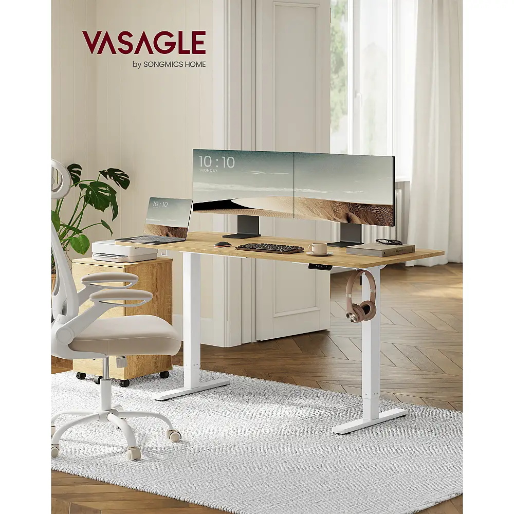 VASAGLE Λευκός Ηλεκτρικός Ρυθμιζόμενος Σκελετός Γραφείου Stand-Sit με Μνήμη Ύψους για 3 Θέσεις, 140x59.6x 119cm LSD021W01V2