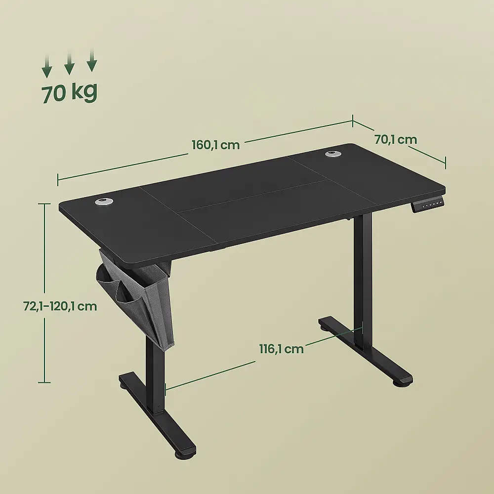 SONGMICS Μαύρο Ηλεκτρικό Ρυθμιζόμενο Γραφείο, με 4 Μνήμες Ύψους, 160x70x120cm LSD136BZ01
