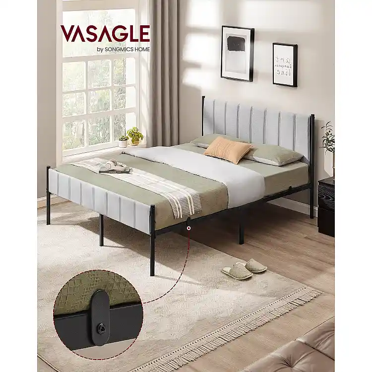 VASAGLE Διπλό Κρεβάτι με Επένδυση Κεφαλαριού και Χάλκινες Λωρίδες, Υποστηρίζει έως 500kg, Εύκολη Συναρμολόγηση, 207x161.5x104cm RMB975G01