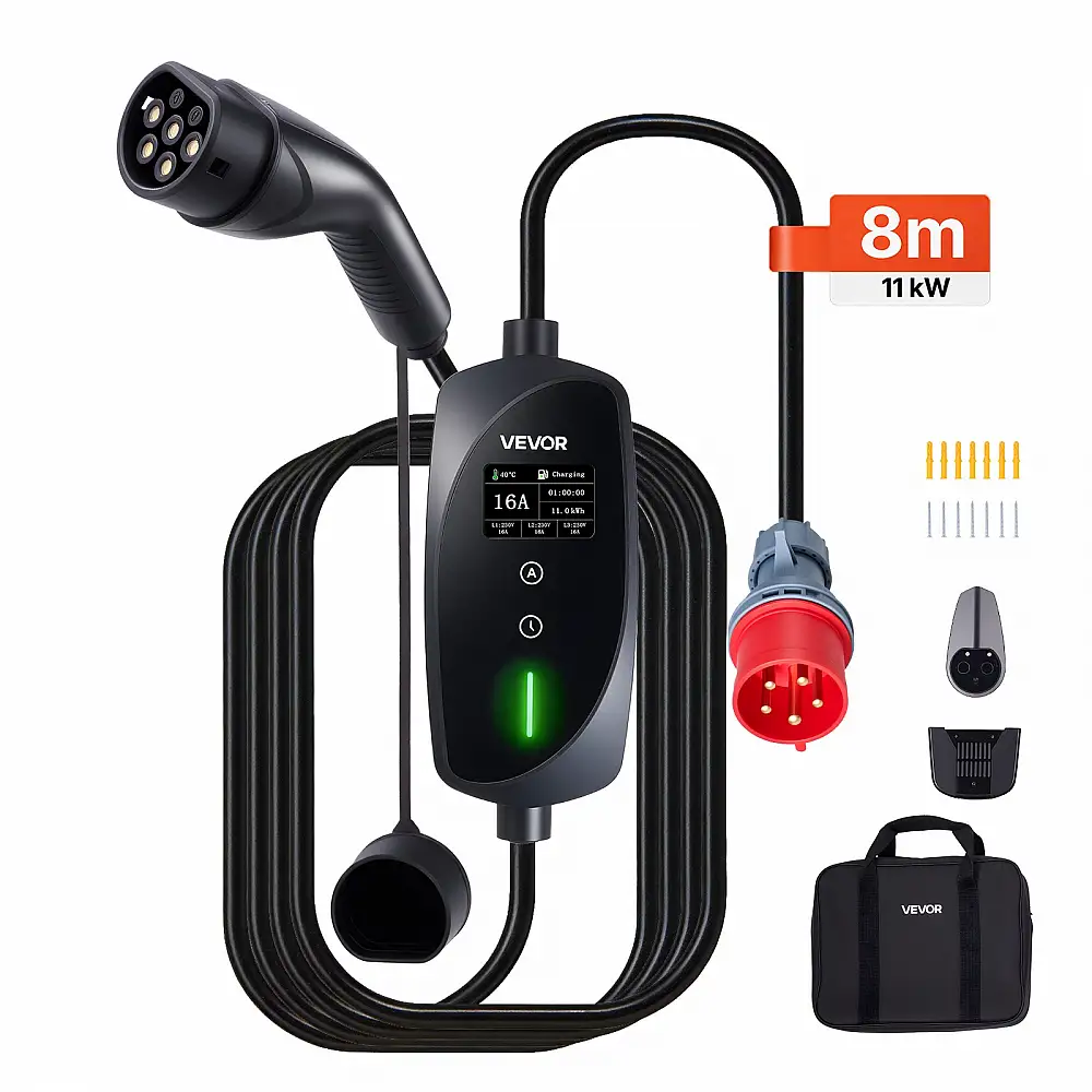 VEVOR Φορητός Φορτιστής Αυτοκινήτου Τύπου 2, 11 kW 16A, 3 Φάσεων με Καλώδιο 8 μέτρα και Οθόνη LCD, CEE16, IP66. OGBXCDQPM11KC6E73001V2