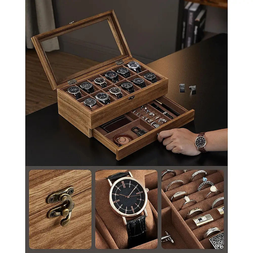 SONGMICS Ξύλινη Θήκη Ρολογιών 12 Θέσεων 34x19x12.5cm με Γυάλινο Καπάκι και Κοσμηματοθήκη JOW012K01