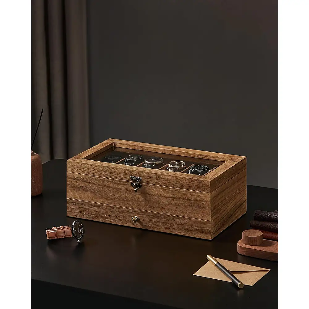 SONGMICS Ξύλινη Θήκη Ρολογιών 12 Θέσεων 34x19x12.5cm με Γυάλινο Καπάκι και Κοσμηματοθήκη JOW012K01
