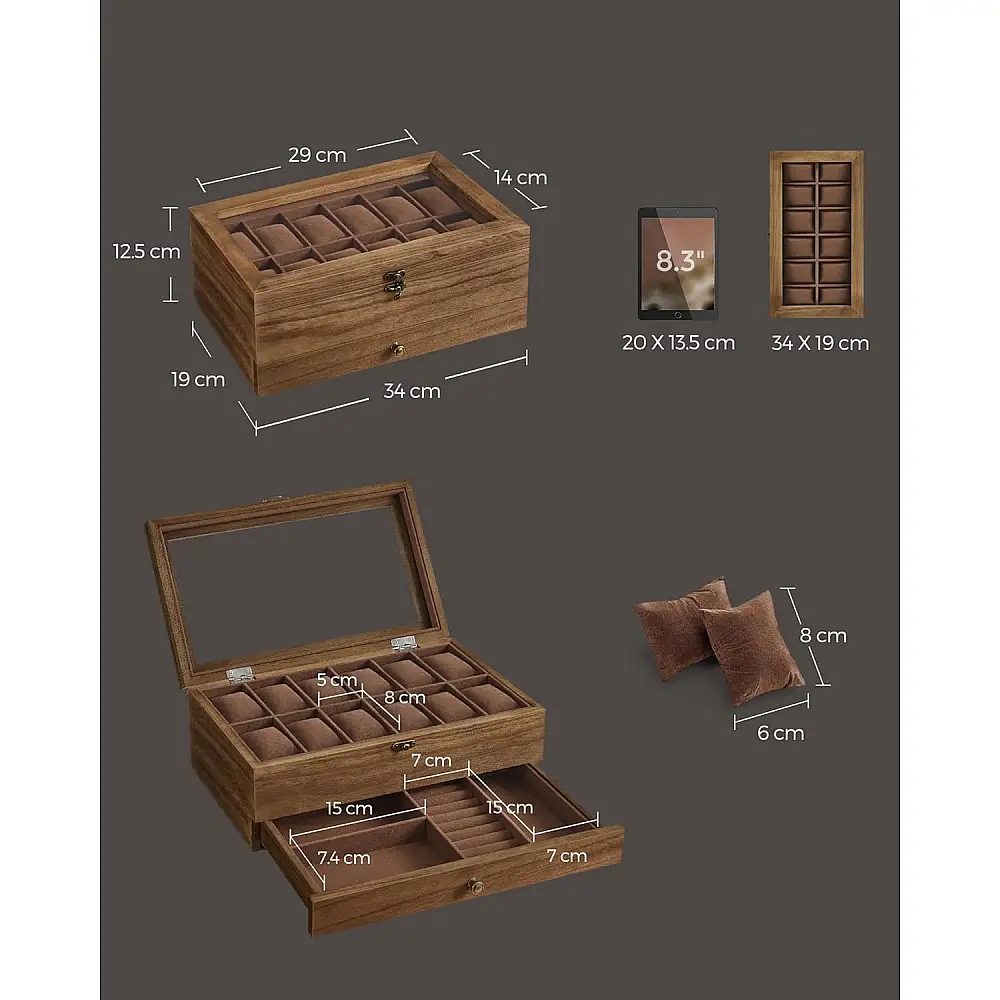 SONGMICS Ξύλινη Θήκη Ρολογιών 12 Θέσεων 34x19x12.5cm με Γυάλινο Καπάκι και Κοσμηματοθήκη JOW012K01
